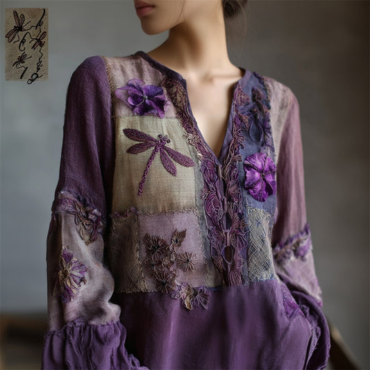 Comstylish Boho Dragonfly Floral Patchwork Embroidery Women's V-neck Linen Long Sleeve Shirt