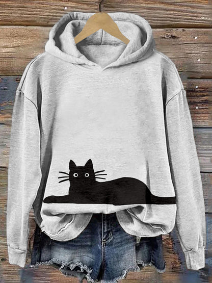 Cute Black Cat Pattern Print Vintage Cozy Hoodie elevenforest