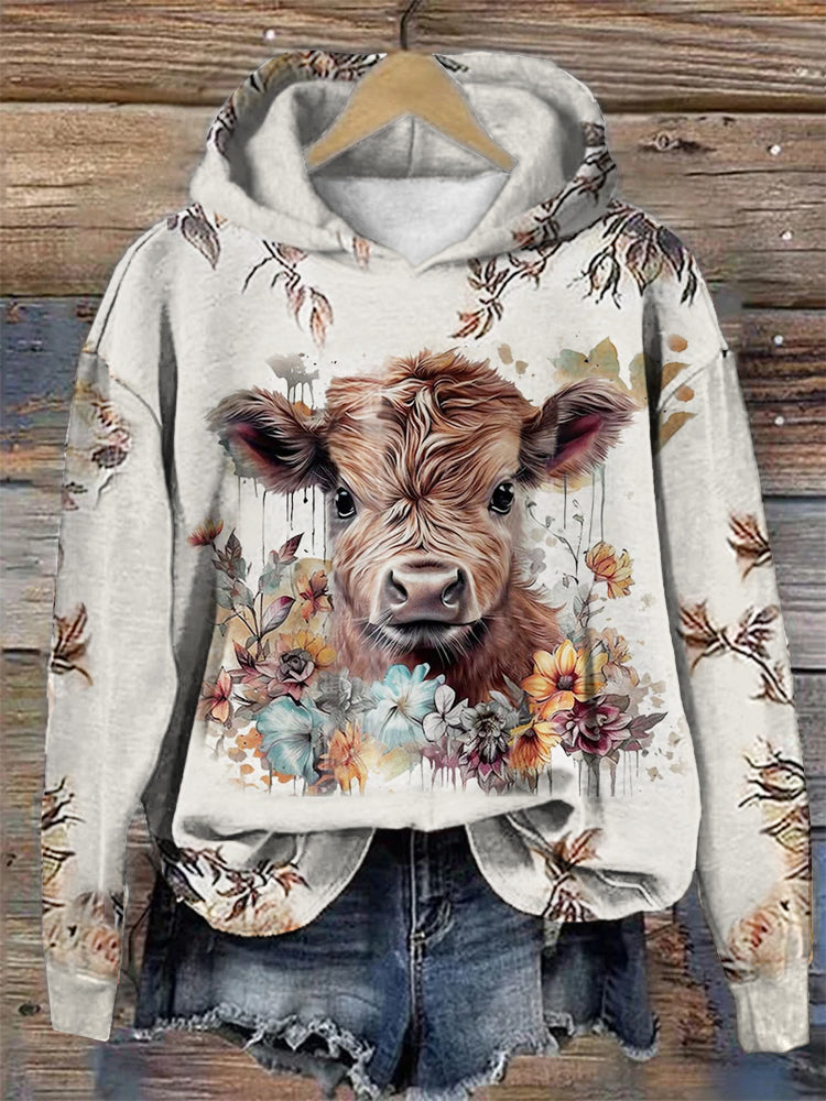 Floral & Highland Cow Print Casual Hoodie artswardrobe