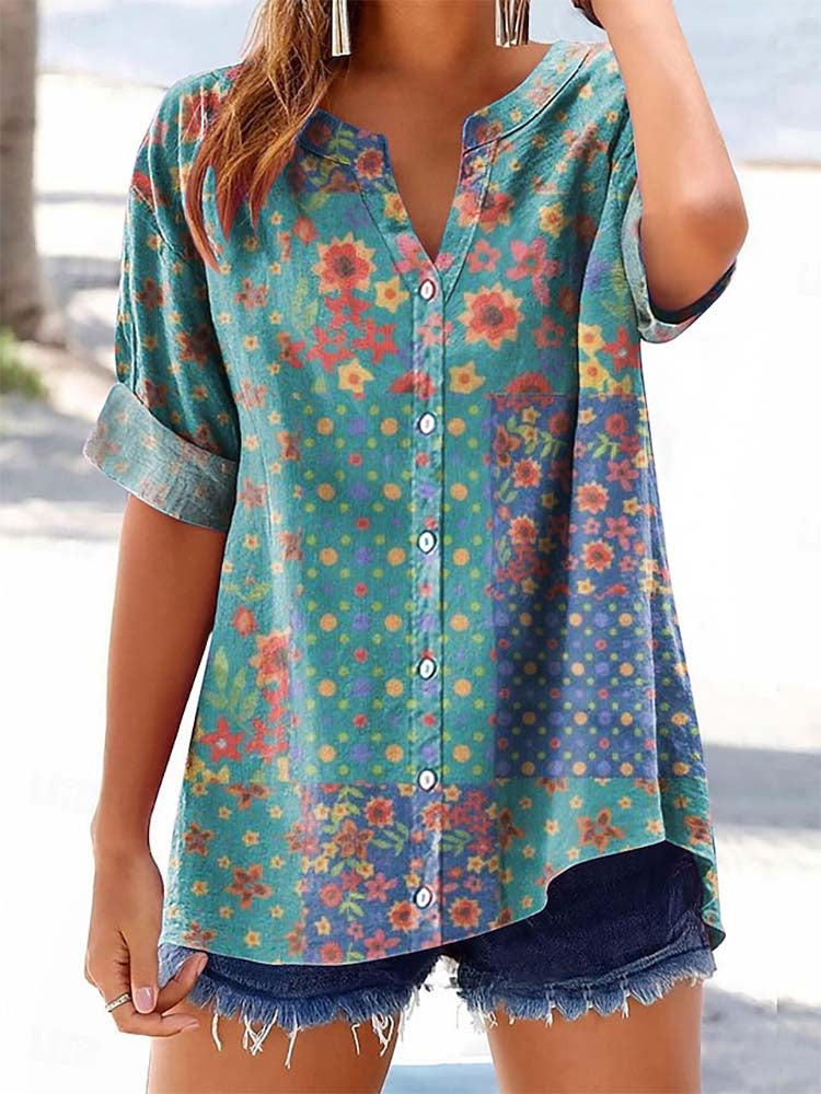 Women's Vintage Floral Pattern Art Print Casual Cotton Linen Shirt