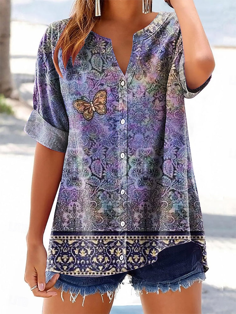 Women's Bohemian Floral Butterfly Art Print Casual Cotton And Linen Sh