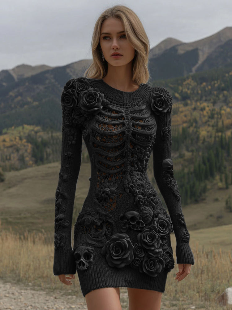 Women's Vintage Halloween Skeleton Skull With Rose Art Cozy Sweater Dress artswardrobe