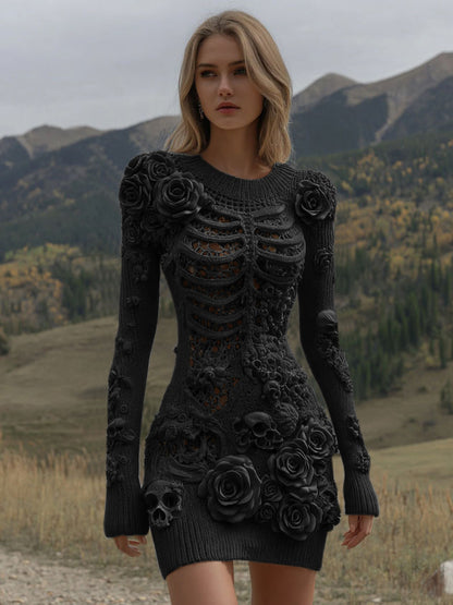 Women's Vintage Halloween Skeleton Skull With Rose Art Cozy Sweater Dress artswardrobe