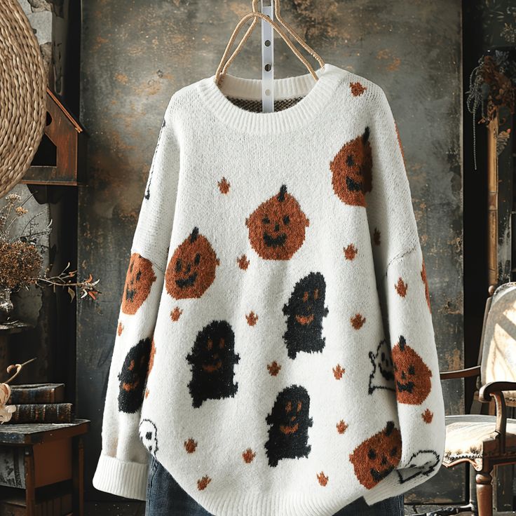 Pumpkin Ghost Halloween Print Knitted Pullover Sweater artswardrobe