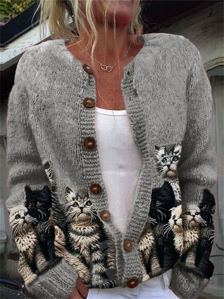 Comstylish Fuzzy Cats Crochet Art Cozy Knit Cardigan