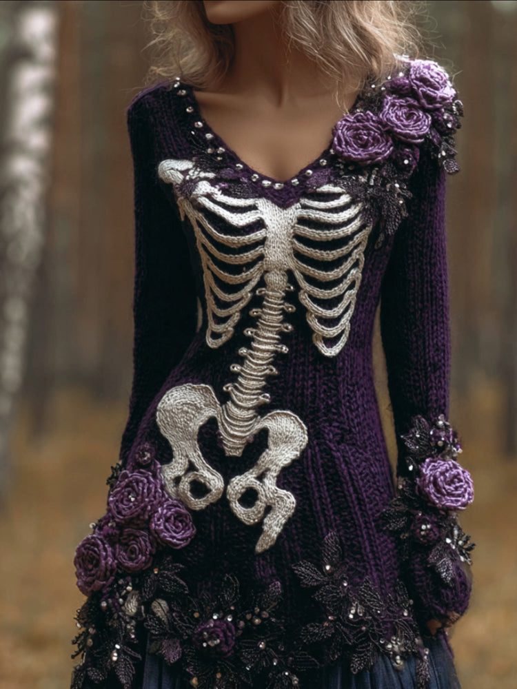 Women's Halloween Skeleton Human Skeleton Art And Withered Rose Purple V-neck Sweater artswardrobe