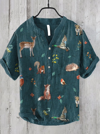 Men's Forest Animals Print Linen Blend Vintage Shirt artswardrobe