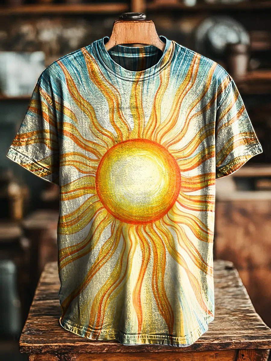 Retro Abstract Sun Visual impact Vintage Art Print Casual T-shirt For