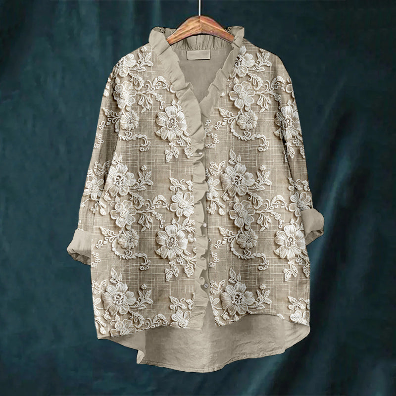 Comstylish Vintage Floral Lace Embroidered Linen Ruffle Shirt