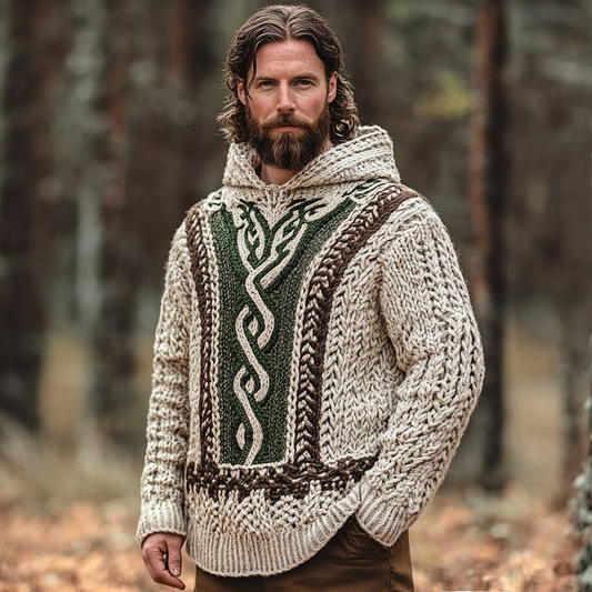 Men's Vintage Celtic Knot Jacquard Aran Hooded Sweater elevenforest