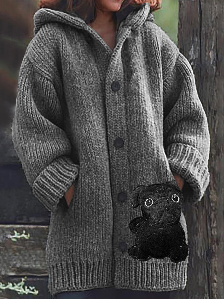 Comstylish Lovely Black Pug Dog Felt Cozy Knit Hooded Cardigan