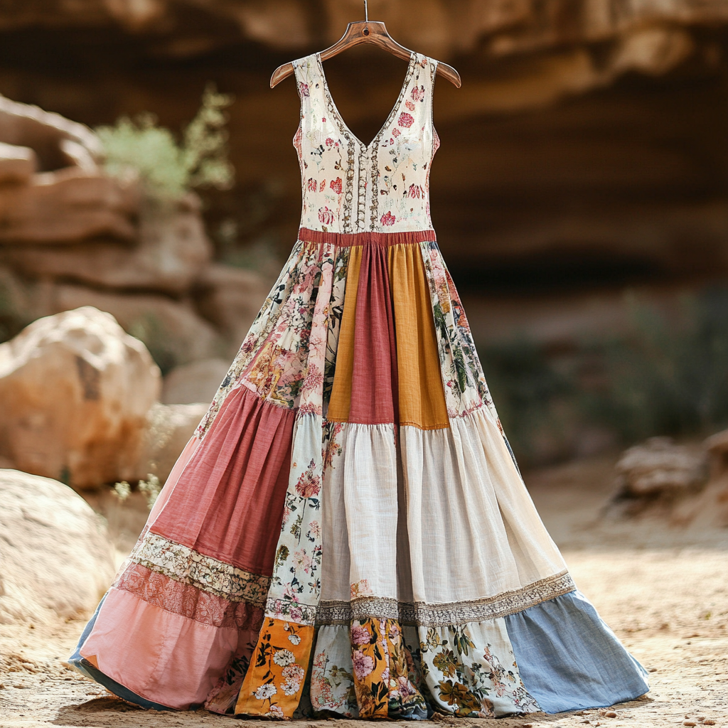 Women's Vintage Bohemian Applique Art Cotton And Linen Dress artswardrobe