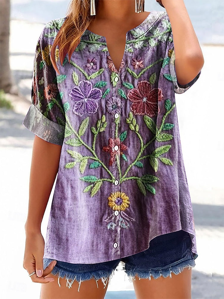 Women's Vintage Ethnic Floral Art Printed Casual Short Sleeve Cotton a