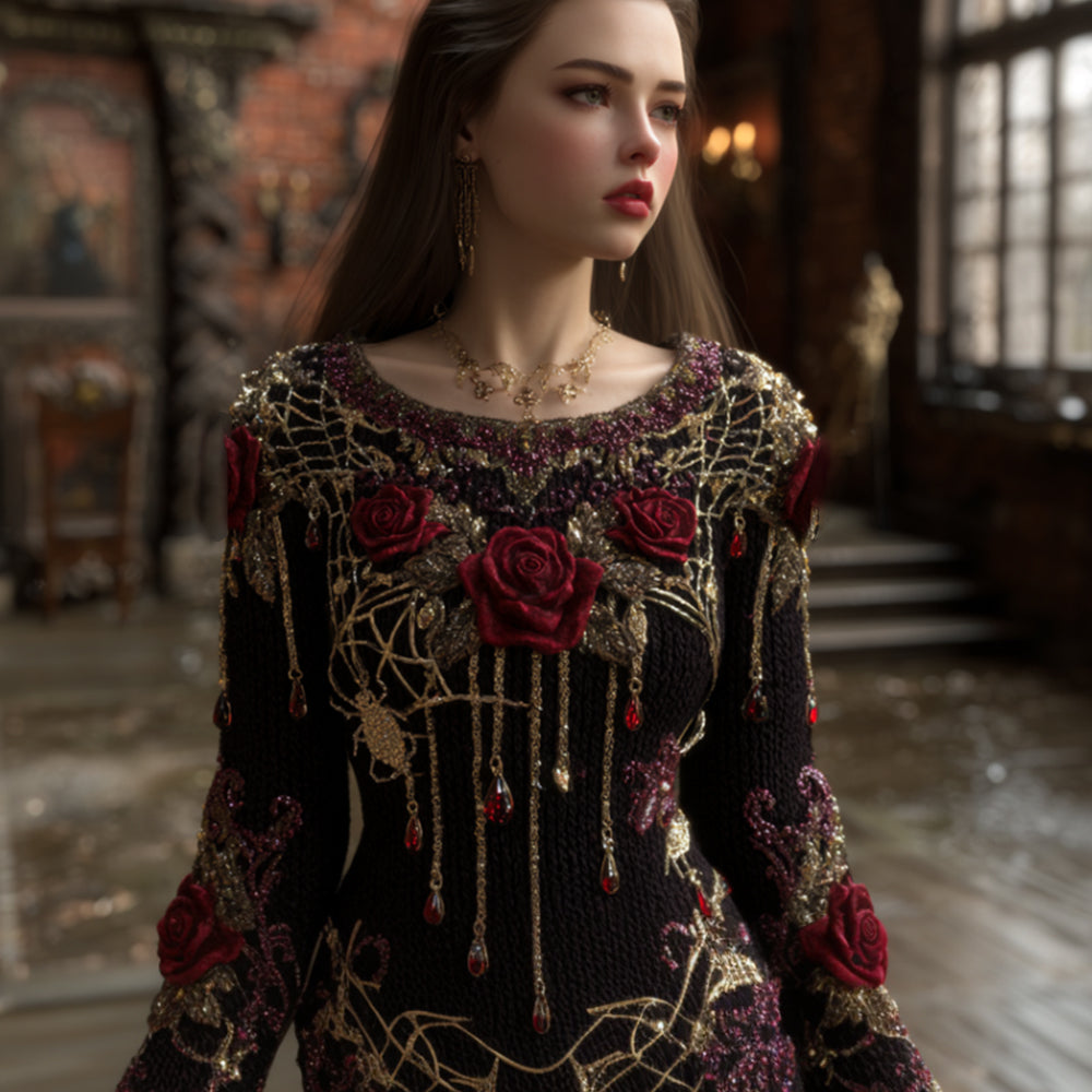 Women's Halloween Red Rose And Blood Stained Retro Round Neck Sweater artswardrobe