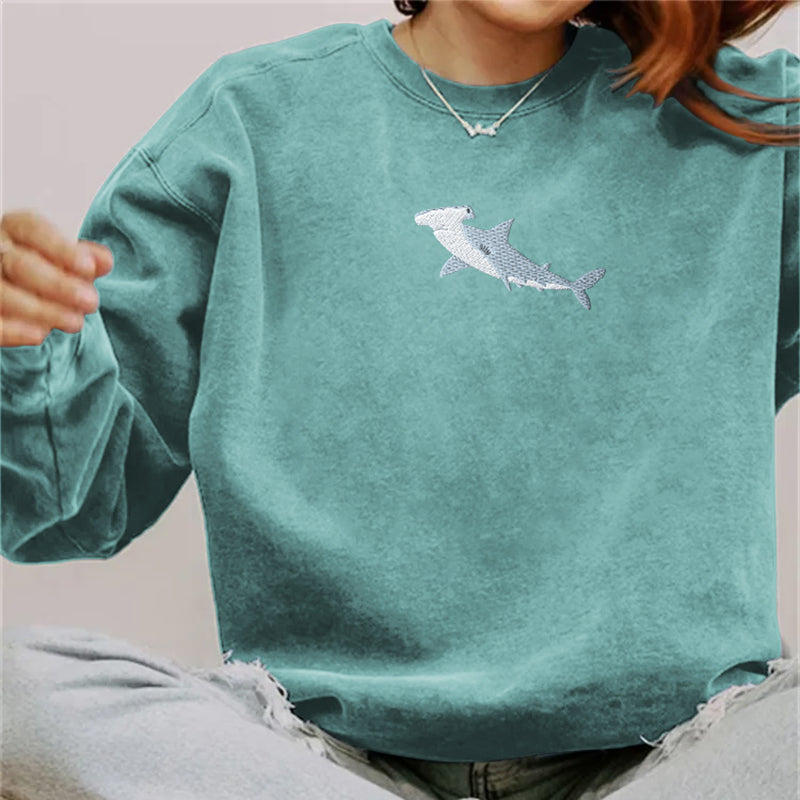 Comstylish Shark Print Long Sleeve Casual Sweatshirt