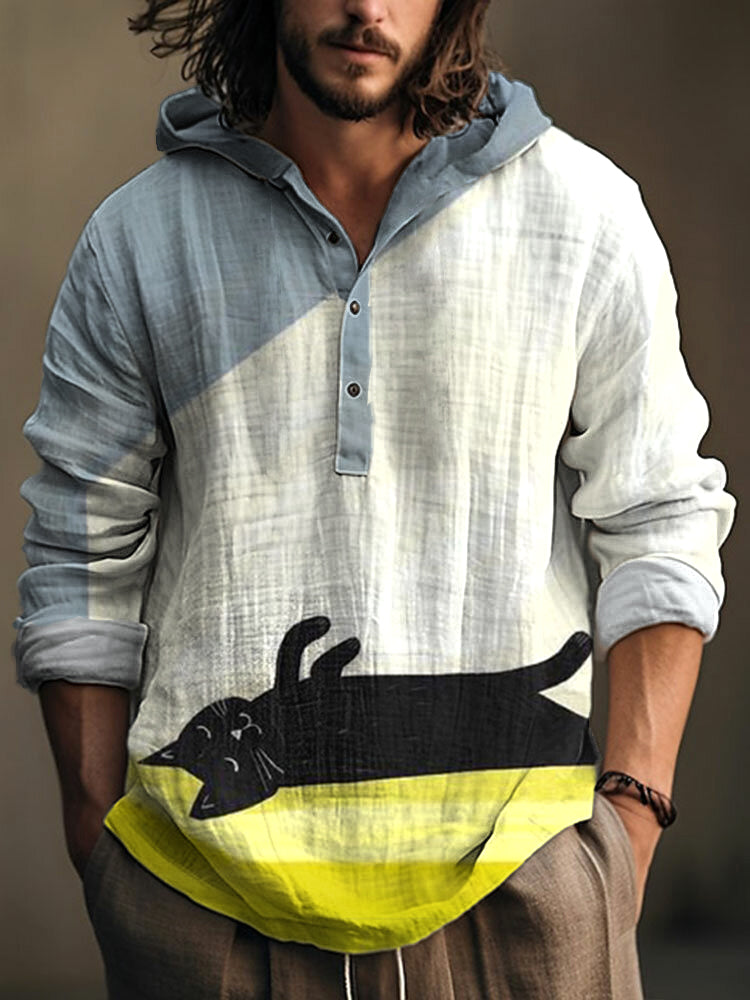 Black Cat  Linen Blend Hooded Shirt elevenforest