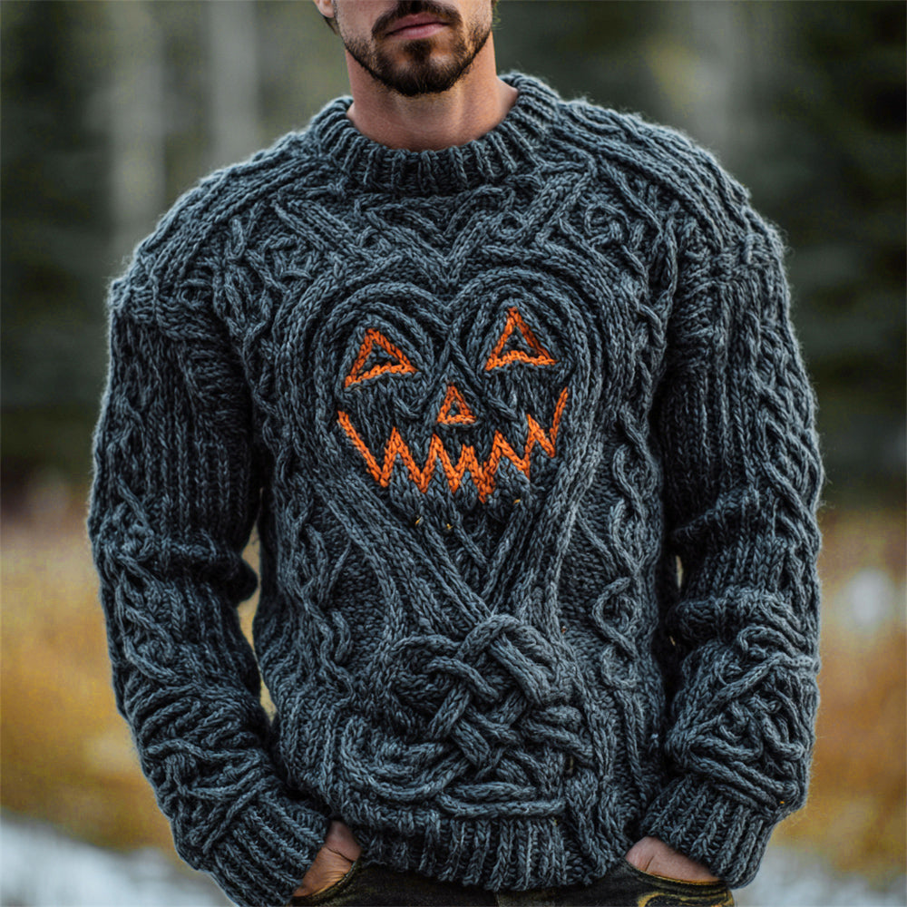 Halloween Pumpkin Light Emoji Viking Men's Knit Crew Sweater elevenforest