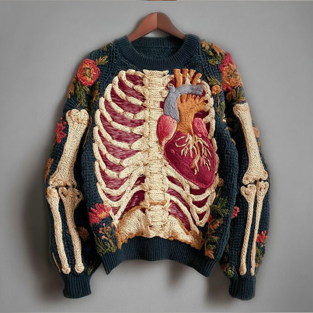 Vintage Halloween Human Anatomy Art And Floral Round Neck Sweater artswardrobe