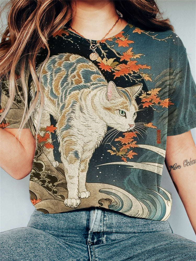 Cat on Sea Waves Japanese Art Vintage T Shirt elevenforest