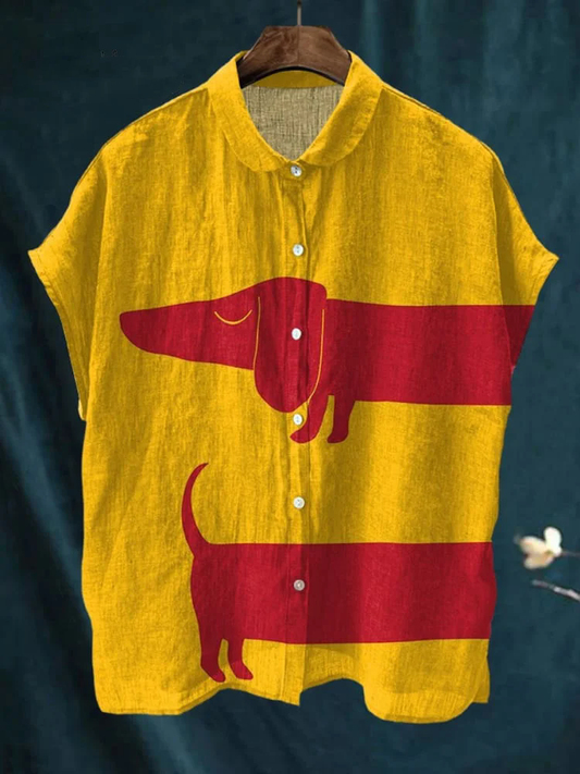 Women's Cute Animal Fun and Colorful Dogs Dachshund Vintage Print Casual Cotton Linen Shirt