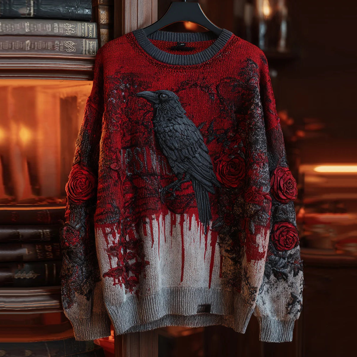 Men's Vintage Halloween Crow Pattern Cozy Knit Sweater artswardrobe