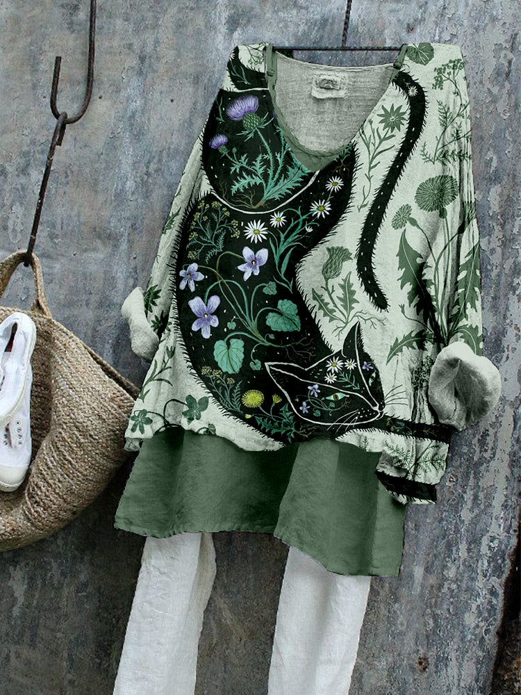 Cute Cat & Wildflower Art Pattern Cozy Linen Tunic elevenforest