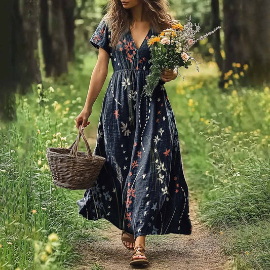 Womens Bohemian Floral Art Linen Dress artswardrobe