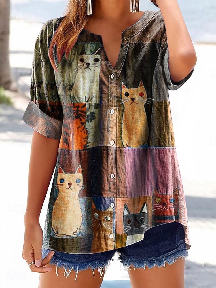 Women's Cat Plaid Pattern Art Printed Cotton Linen Casual Shirt