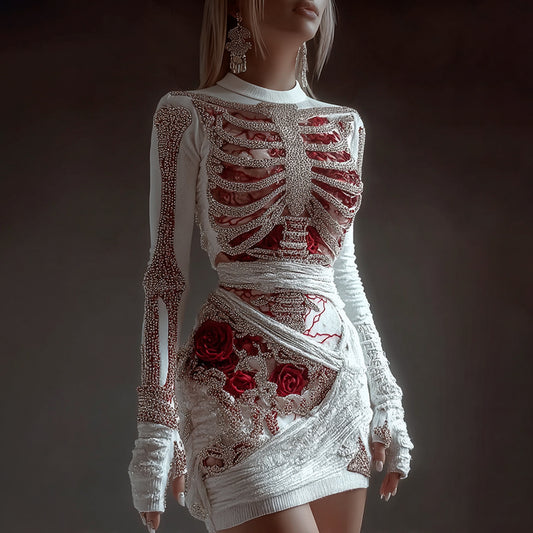 Women's Red Rose Skeleton Art Knit Mini Sweater Dress artswardrobe