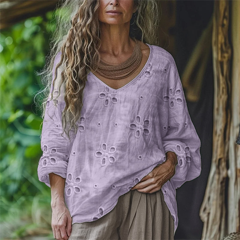 Comstylish Floral Hollow Lace Embroidered Flowy Linen Tunic