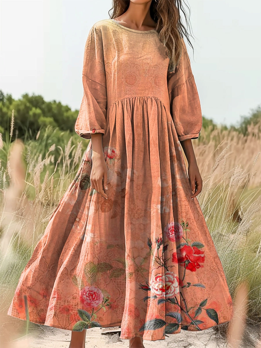 Women's Retro Ethnic Flowers Print Flowy Cotton Crew Neck Dress