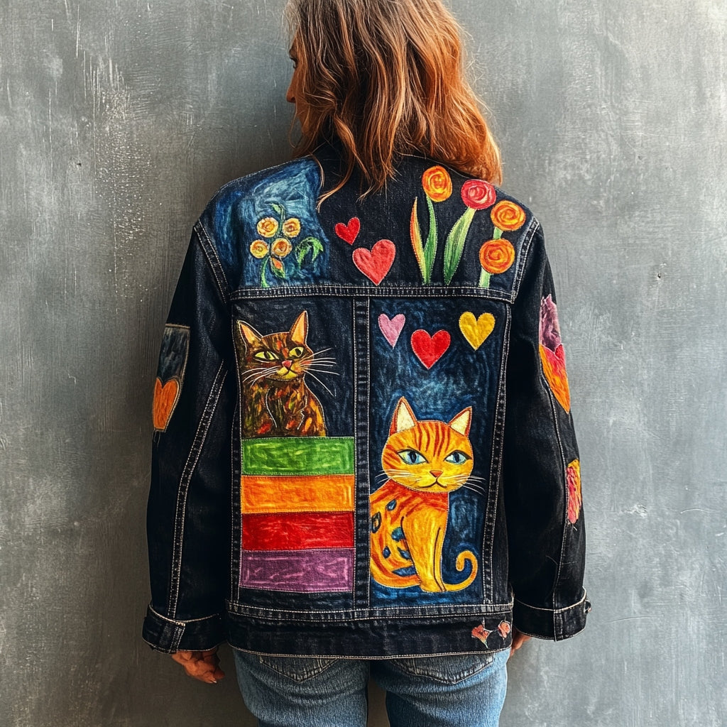 Comstylish Women's Pop Art Cat Fun Pattern Denim Jacket