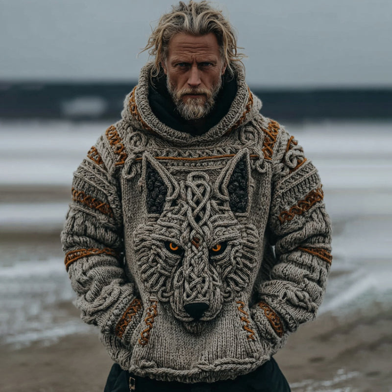 Men's Vintage Viking Wolf Art Knit Hooded Sweater artswardrobe