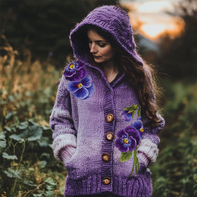 Women's Purple Pansy Floral Embroidery Pattern Cozy Knit Hooded Cardigan artswardrobe