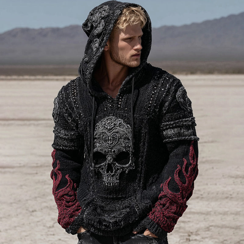 Men's Retro Skull And Flame Inspired Knitted Cozy Hooded Sweater elevenforest