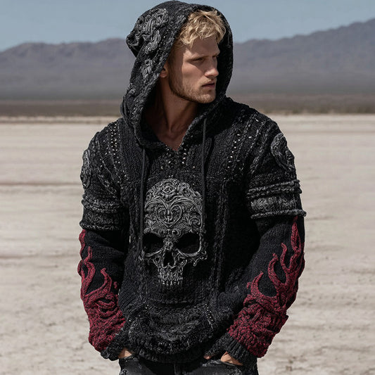 Men's Retro Skull And Flame Inspired Knitted Cozy Hooded Sweater elevenforest