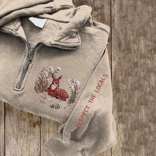 Comstylish Respect The Locals Deer Embroidered Zip Up Sweatshirt