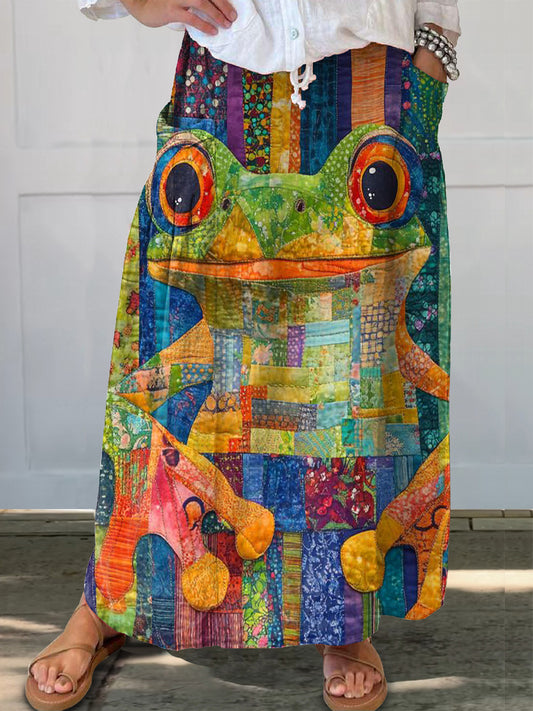 Women's Colorful Trippy Frog Print Linen Pocket Skirt