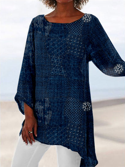 Comstylish Japanese Traditional Sashiko Art Round Neck Flowy Tunic