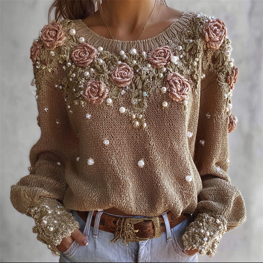 Vintage Classy Roses Pearls Embroidered Cozy Knit Sweater elevenforest