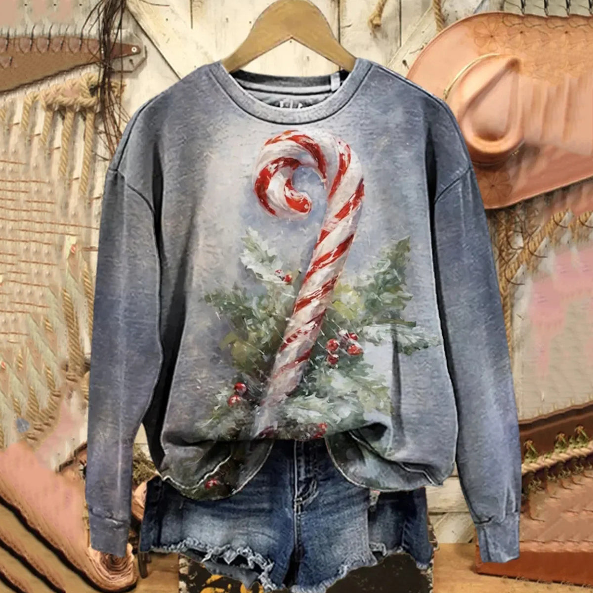 Comstylish Women's Vintage Christmas Print Crew Neck Long Sleeve Sweatshirt