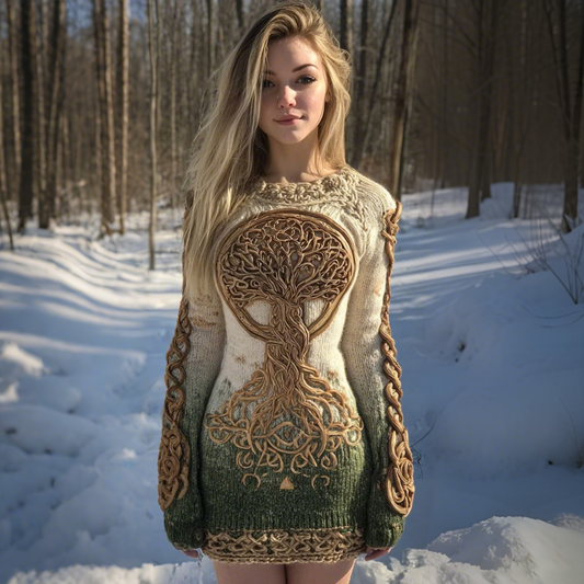 Women's Viking Tree Of Life Celtic Knot Art Knit Mini Sweater Dress artswardrobe