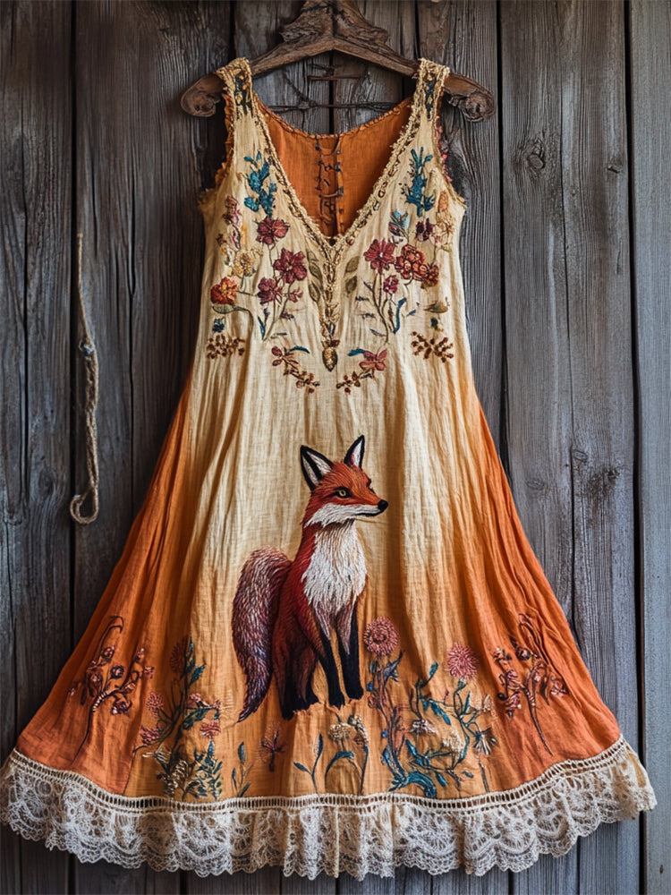 Vintage Fox Floral Embroidered Lace Hem Gradient Linen Dress artswardrobe