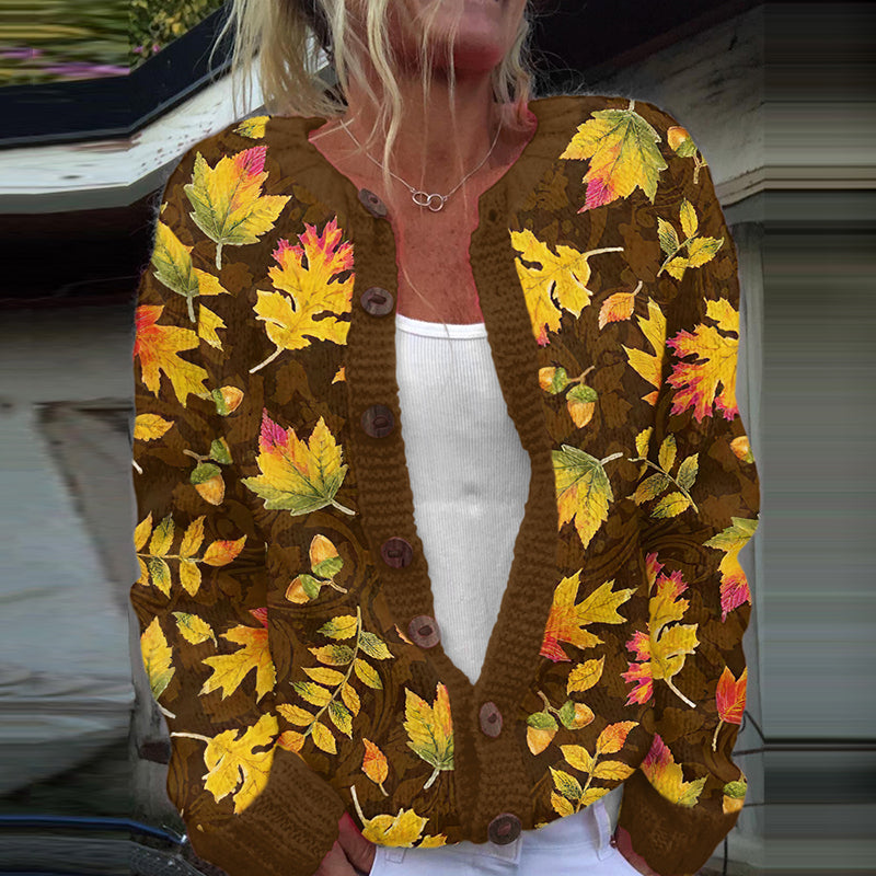 Autumn Leaf Print Casual Knitted Cardigan artswardrobe