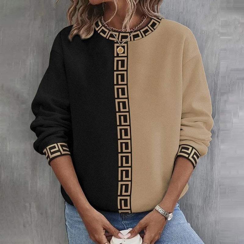 Comstylish Greek Key Pattern Contrast Color Round Neck Casual Sweatshirt