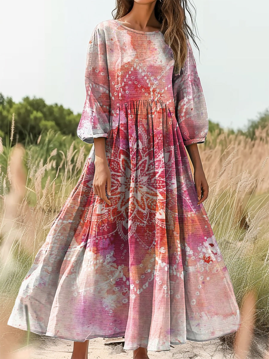 Women's Tie-dye Ethnic Mandala Art Print Flowy Cotton Crew Neck Dress