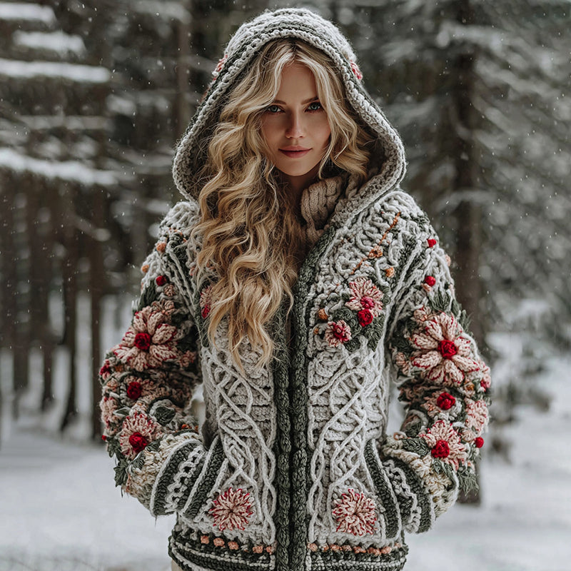 Women's Celtic Knot Christmas Flower Winter Violin Jacquard Zipper Hooded Sweater artswardrobe