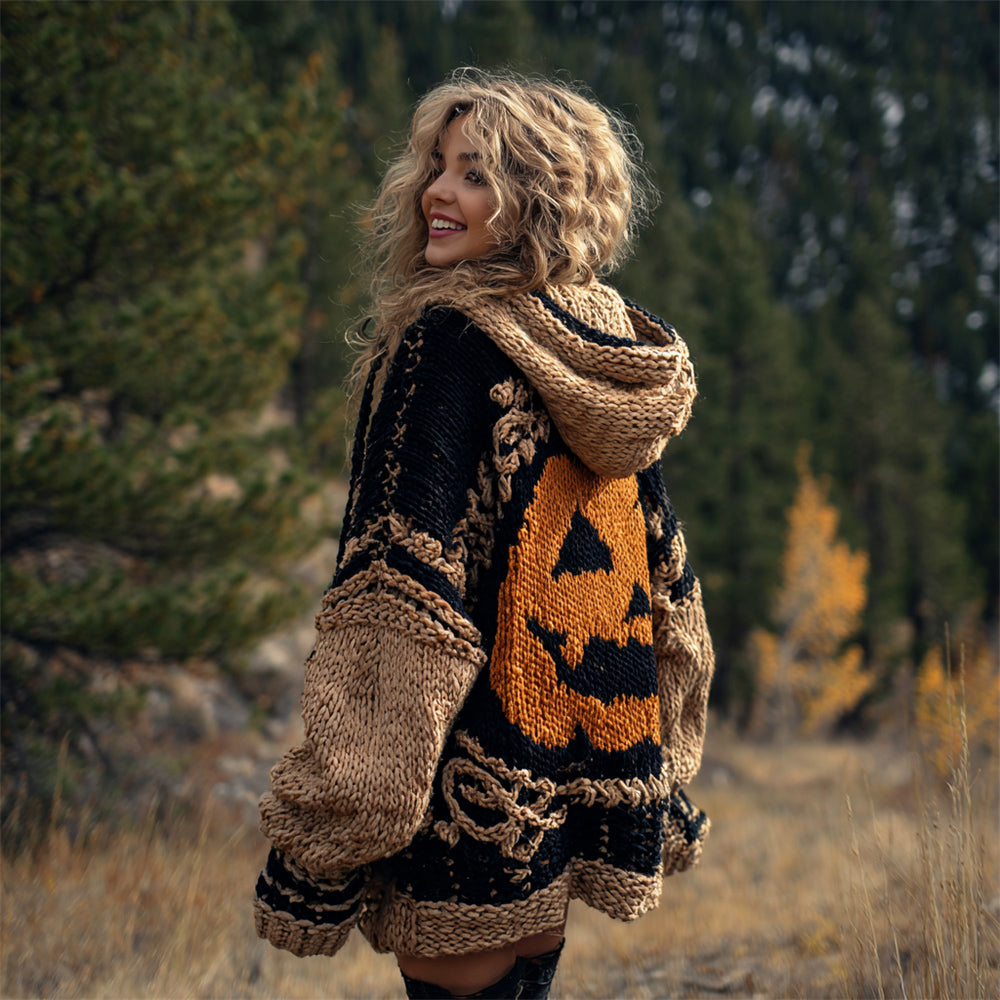 Halloween Spooky Pumpkin Lights Women's Chunky Knit Hooded Cardigan elevenforest
