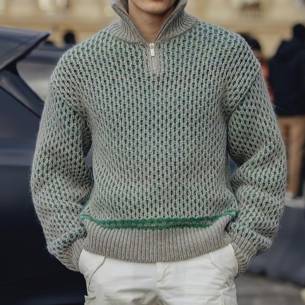 Men's Waffle Knit Half-Zip Stand Collar Sweater elevenforest