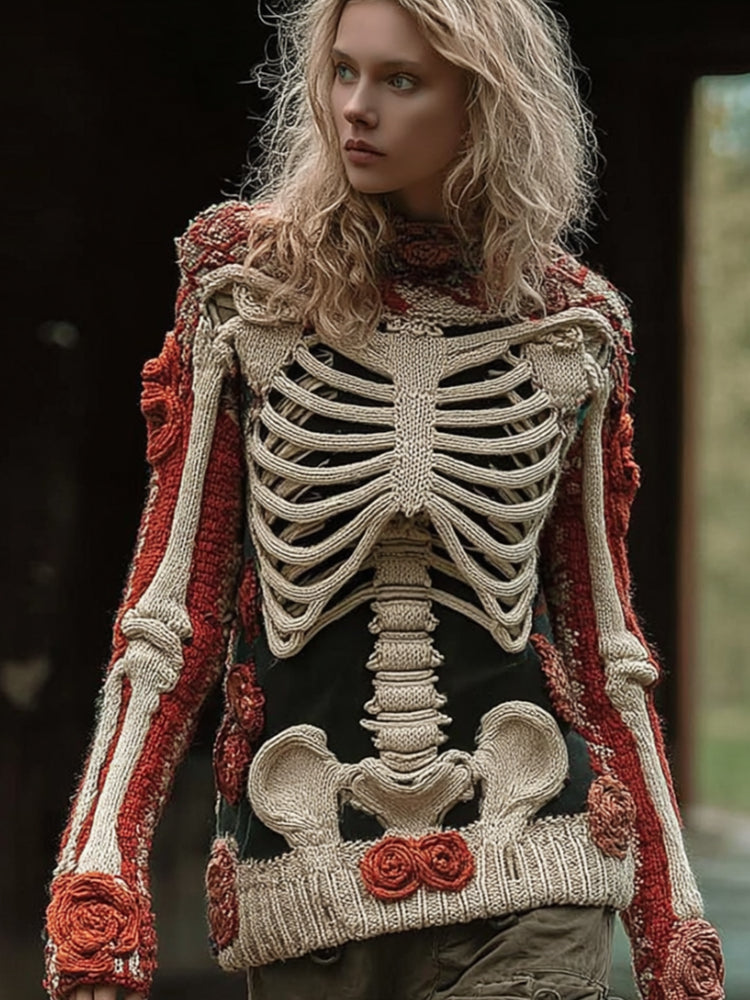 Halloween Human Skeleton Rose Round Neck Sweater artswardrobe